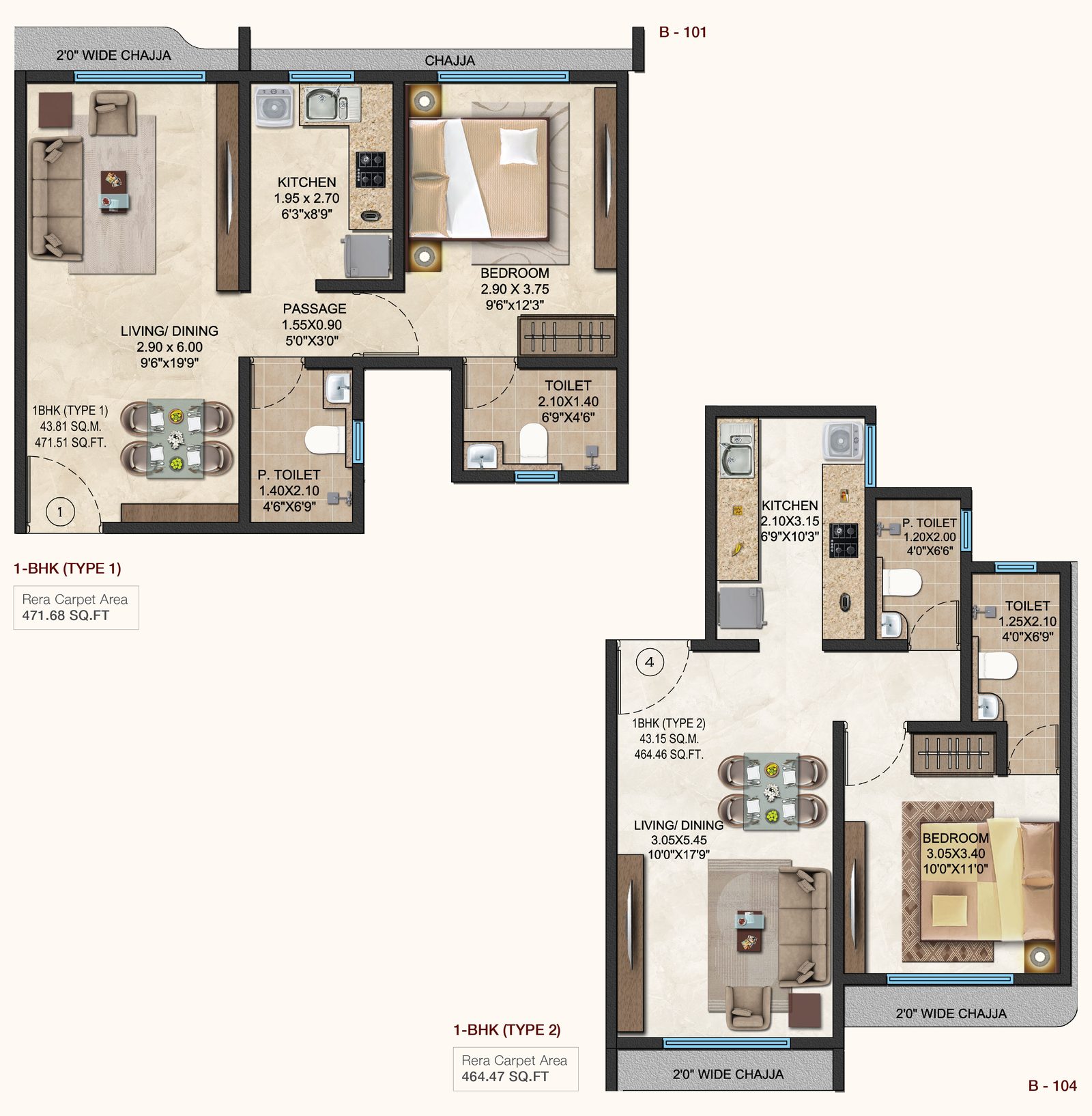 1 BHK apartment plans, Type 1 and Type 2, with carpet areas