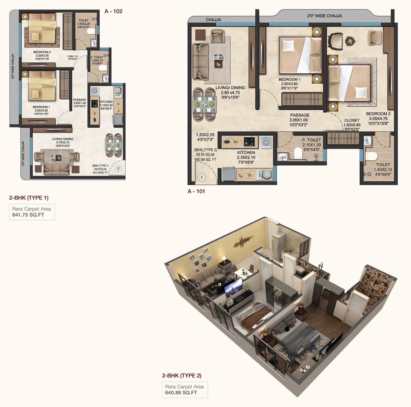 2 BHK apartment plans, Type 1 and Type 2, with an isometric cutaway view